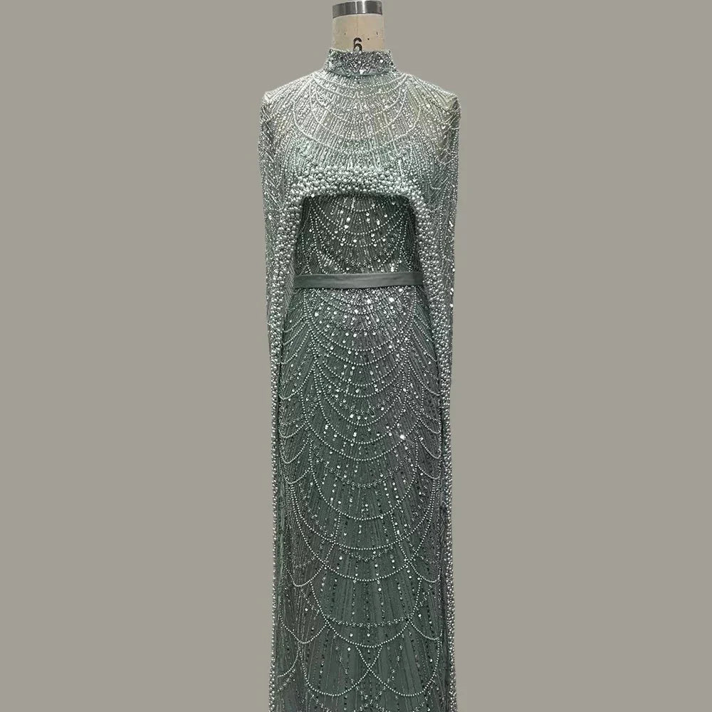 Pearl Mermaid Wedding Cape Evening Party Dress