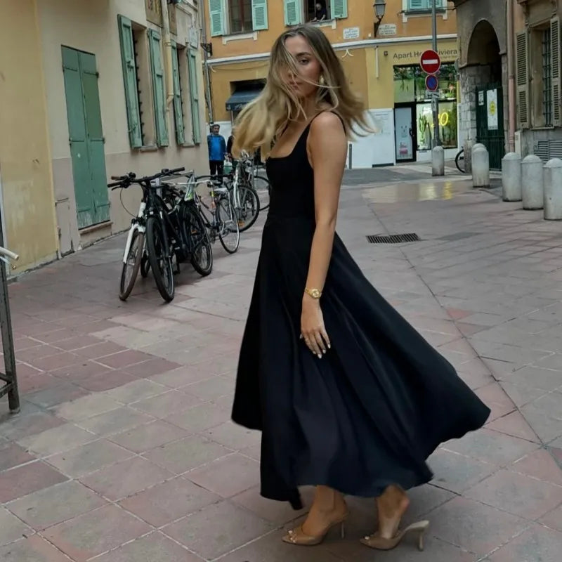 Square Neck Black Strap Spaghetti Maxi Dress