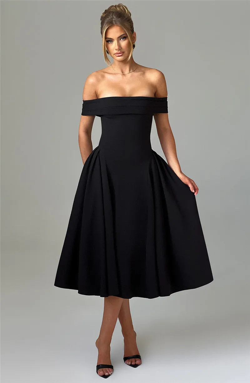 Off Shoulder Flared Elegant Midi Dress