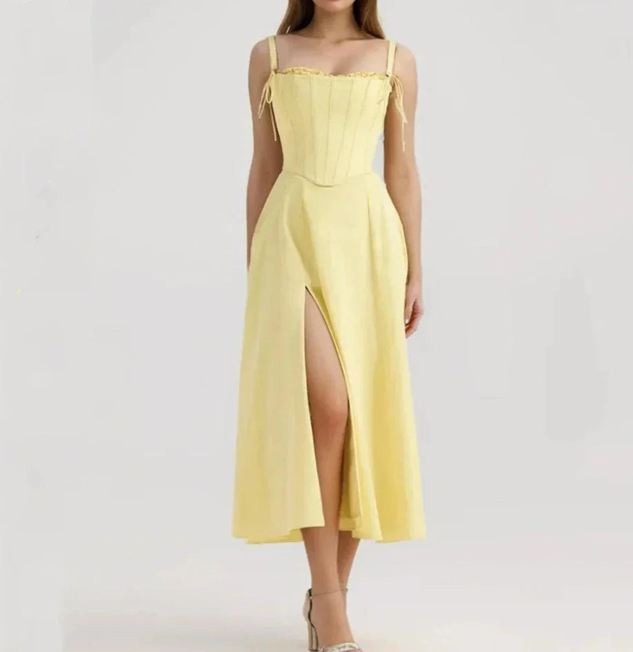 Yellow Slit Cross Laced Top Midi Dress