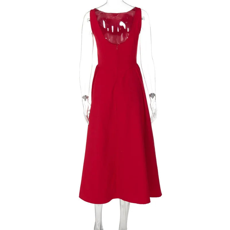Straight Neck Flared Sleeveless Midi Dress