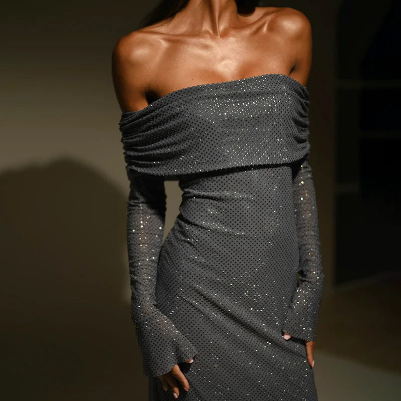 Off Shoulder Sparkle Glitter Nightclub Maxi Dress