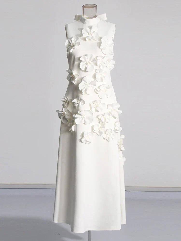 3D Flower Applique Mock Neck Midi Dress