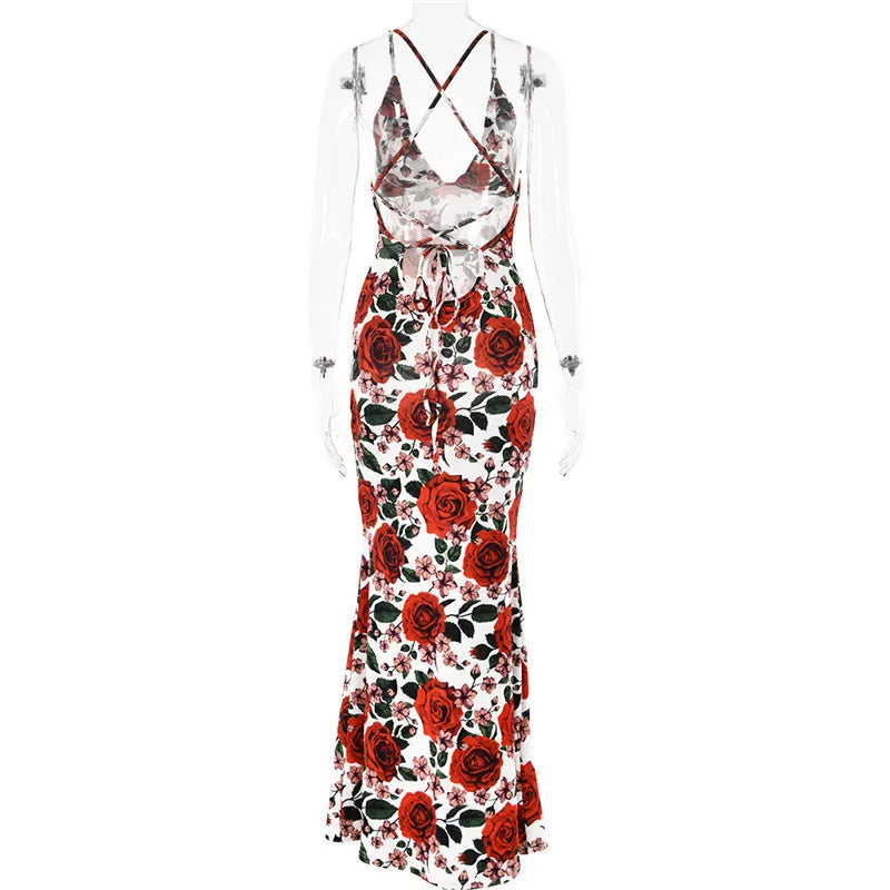 Red Floral Cowl Neck Tie Back Maxi Dress