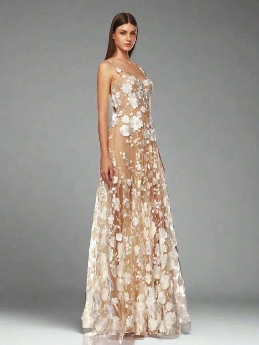 Floral Embroidered Mesh Maxi Party Dress