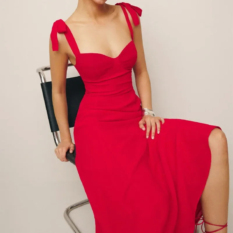Red Bow Strap Elegant Tie Midi Dress