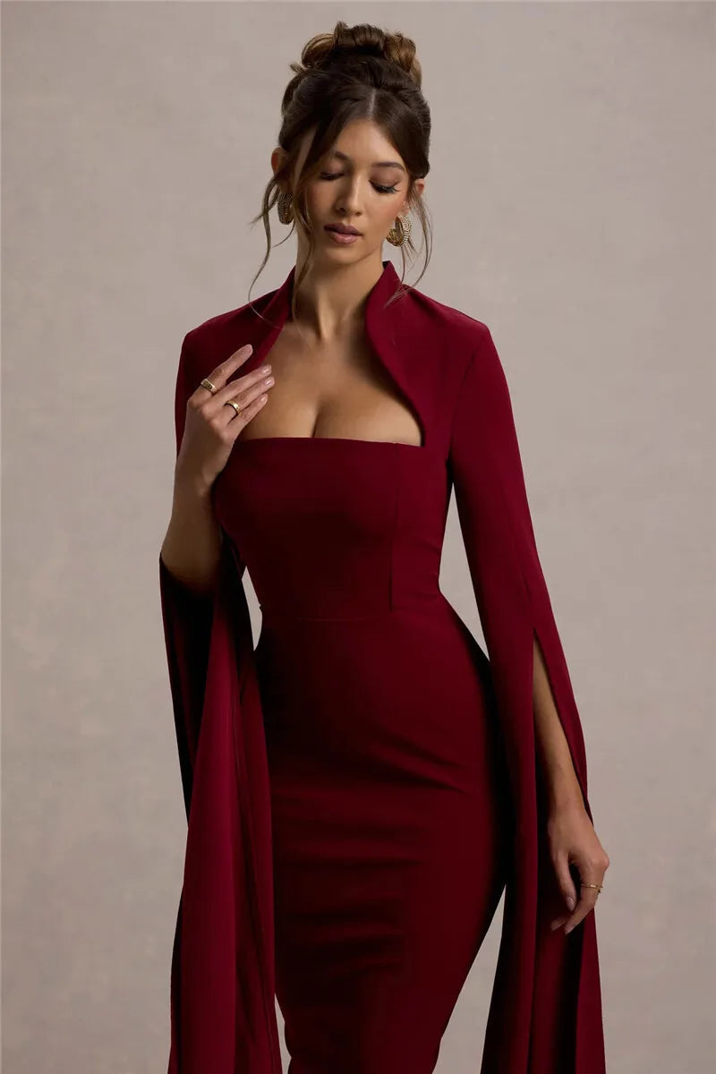 Cape Sleeve Square Neck Elegant Midi Dress