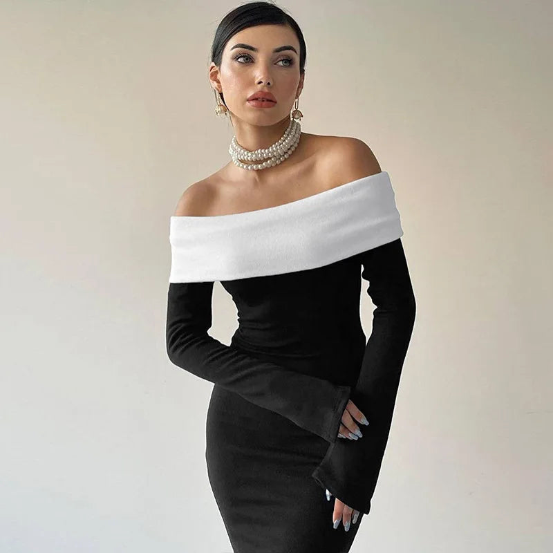 Black White Off Shoulder Long Sleeve Maxi Dress