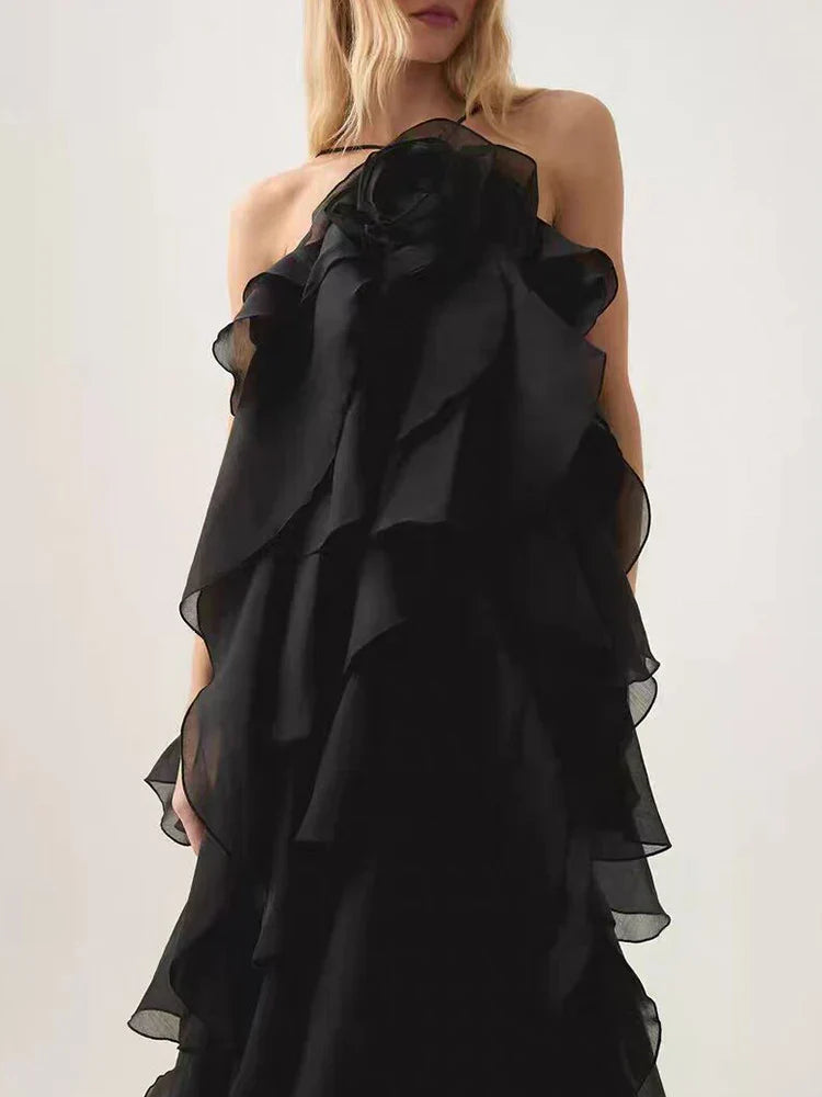 Halter 3D Flower Flounce Loose Maxi Party Dress