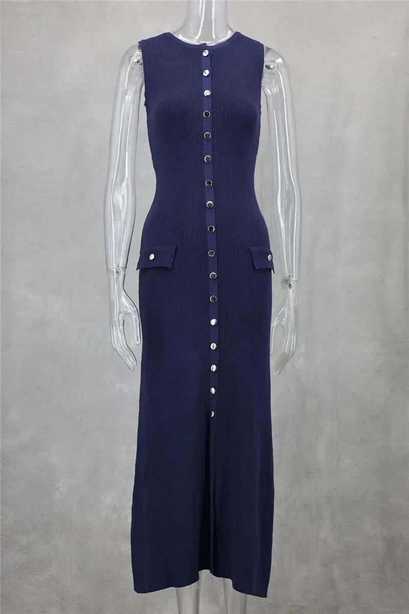 Knit Maxi Dress with Pockets Button Front