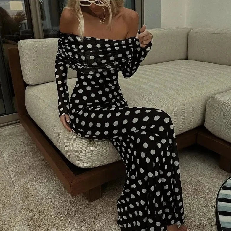 Polka Dots Off Shoulder Long Sleeve Maxi Dress