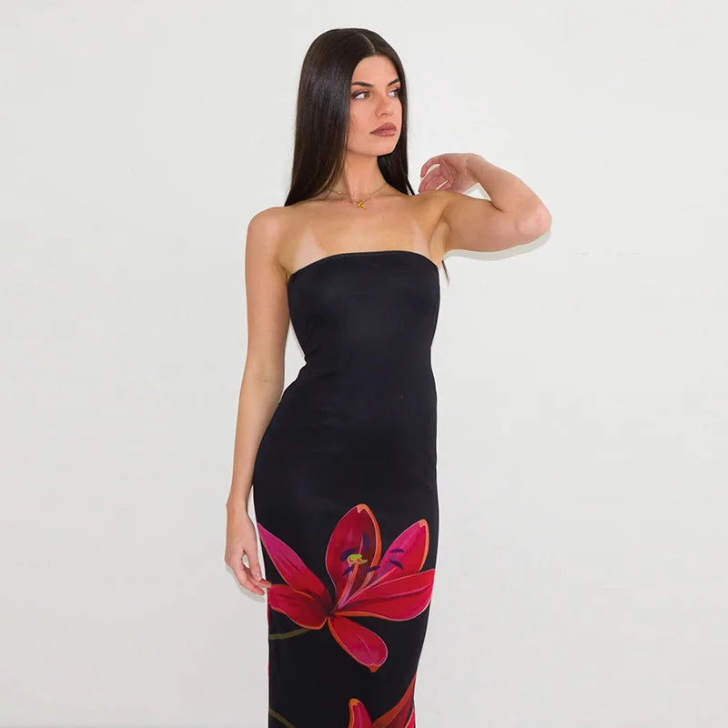 Black Tube Flower Back Tie Maxi Dress
