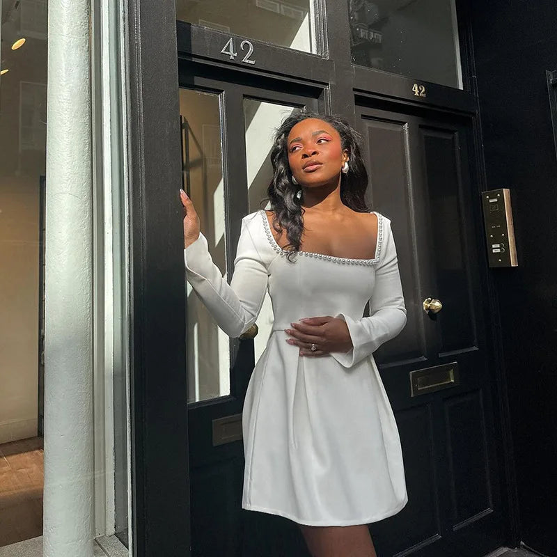 Pearl Square Neck Long Sleeve Mini Party Dress