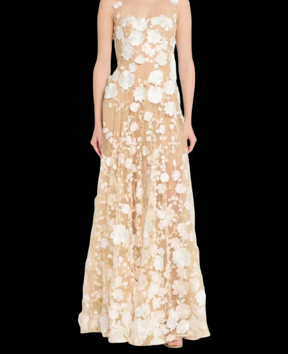 Floral Embroidered Mesh Maxi Party Dress