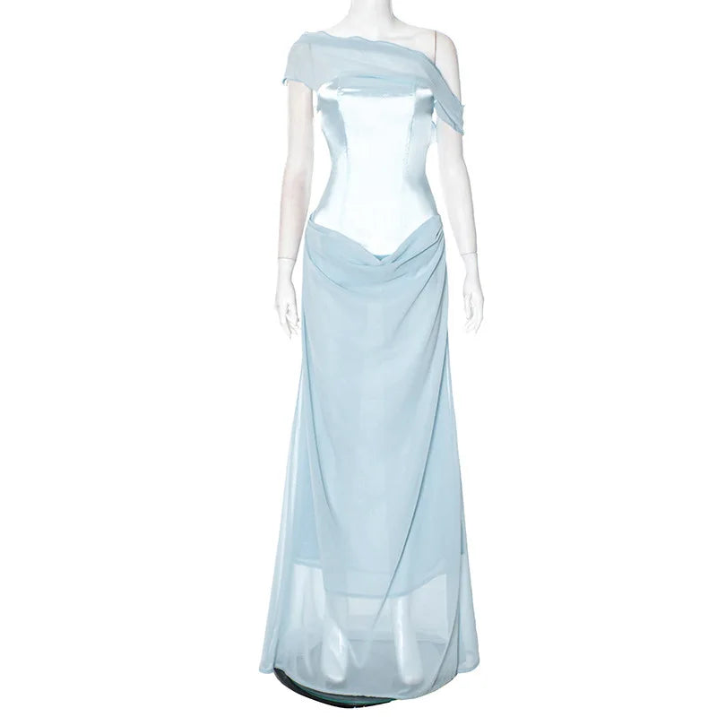 Patchwork Diagonal Collar Maxi Dress