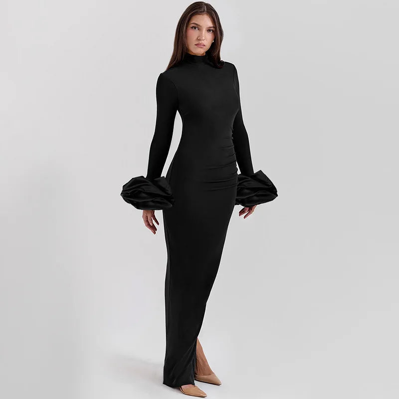 Bubble Long Sleeve Flowy Maxi Dress