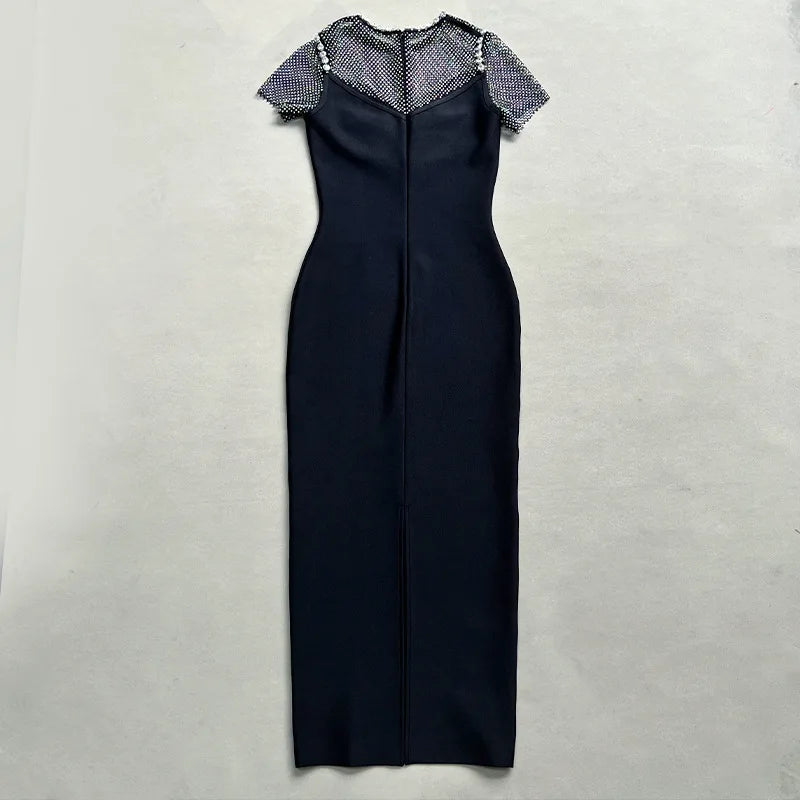 Black Diamante Evening Midi Party Dress