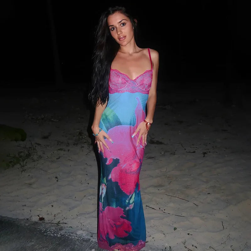 Spaghetti Strap Printed Long Party Dress