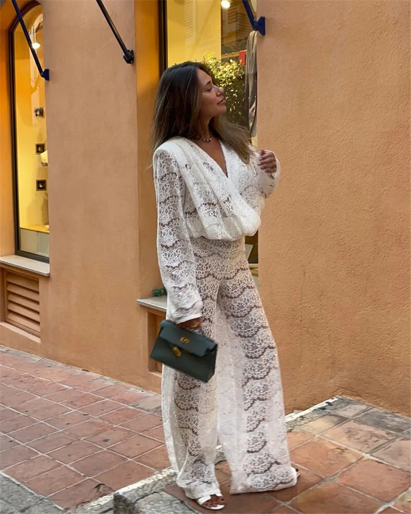 White Lace Two-Piece Loose Pants Party Dress