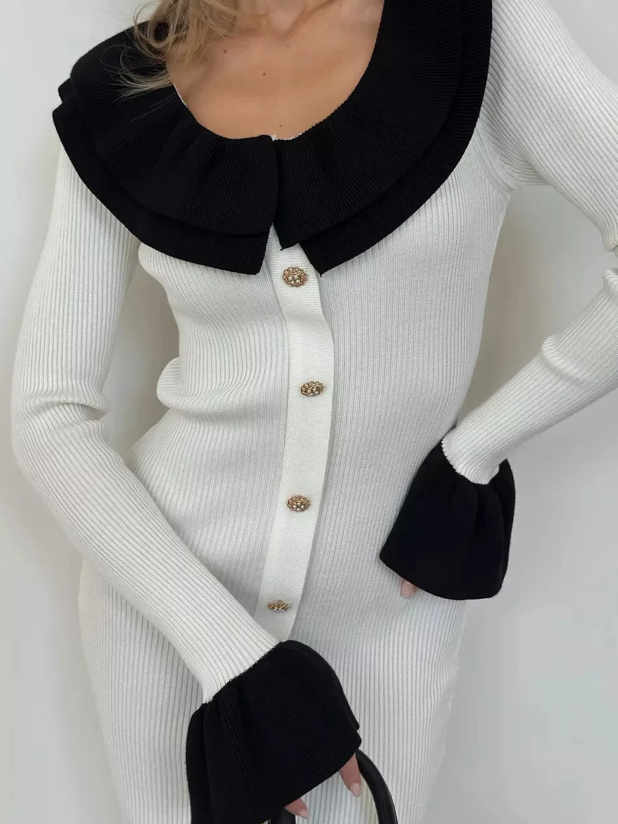 Patchwork Contrast Ribbed Casual Midi Dress
