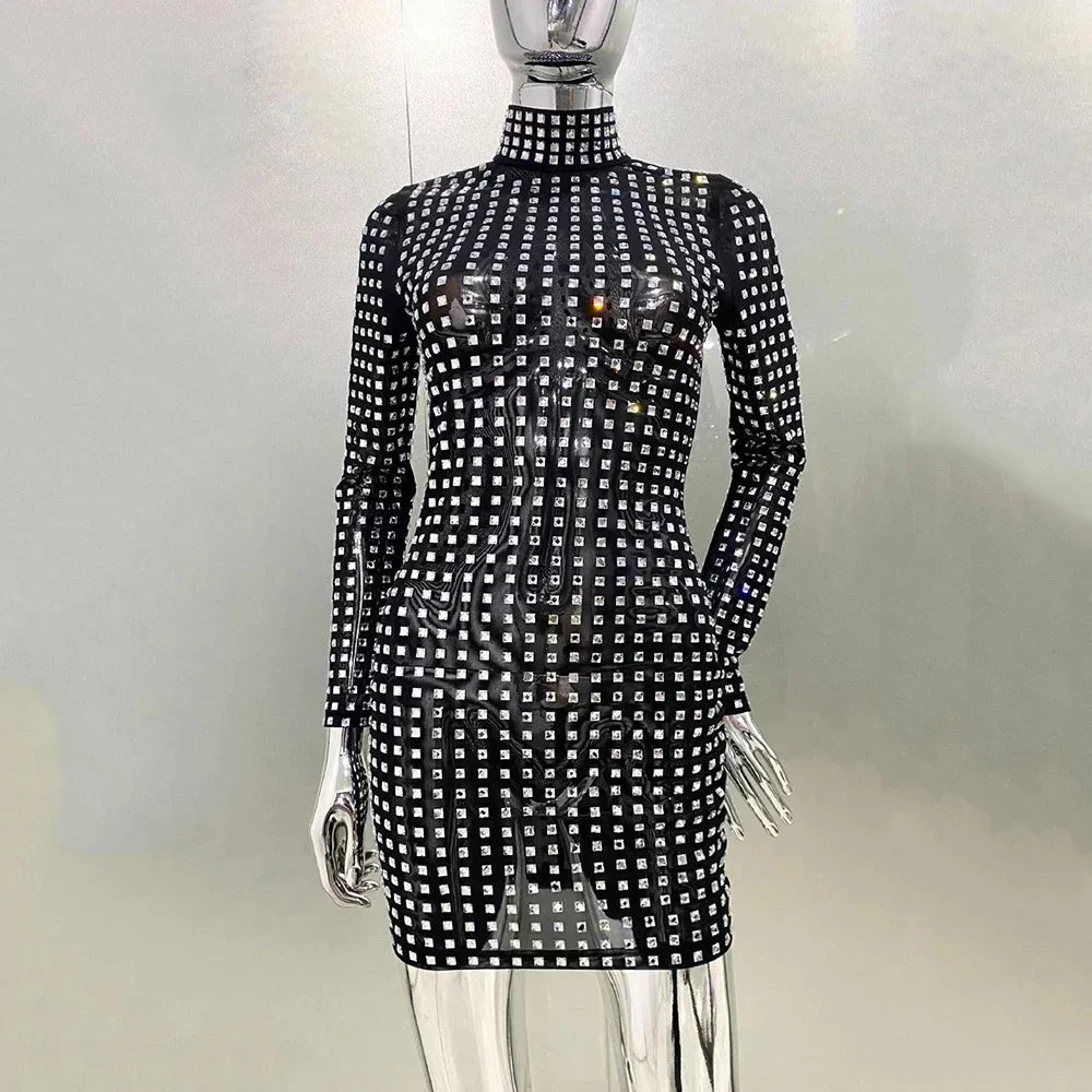 Diamond Crystal Long Sleeve Mini Party Dress