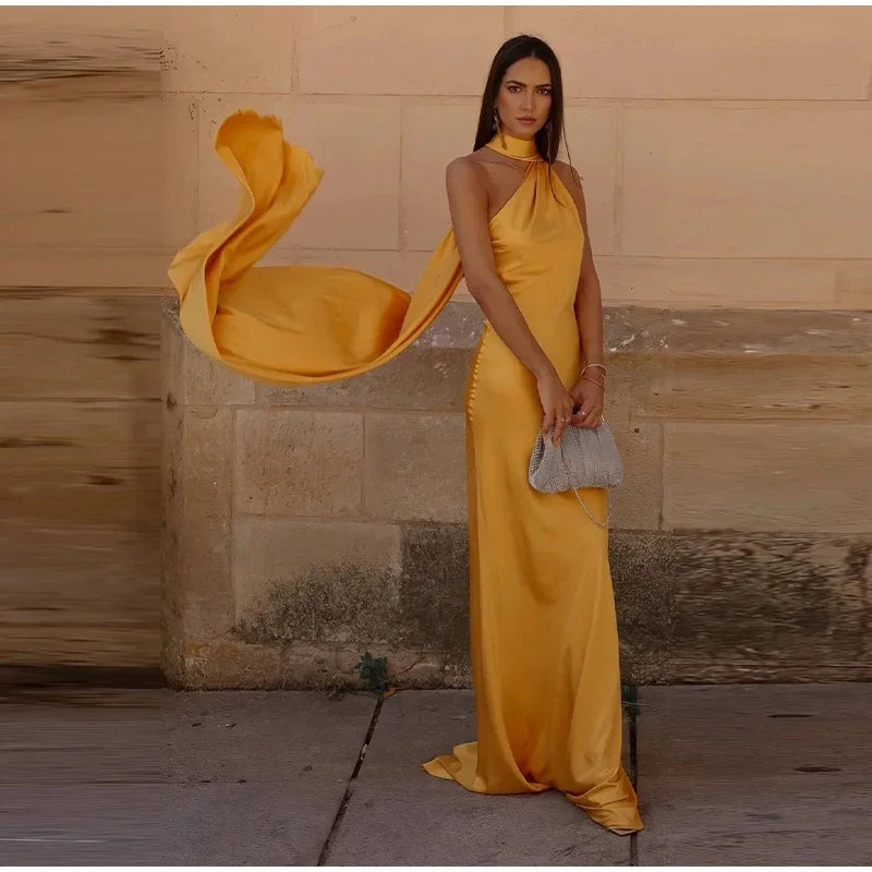 Yellow Satin Backless Lace-Up Off Shoulder Maxi Dress