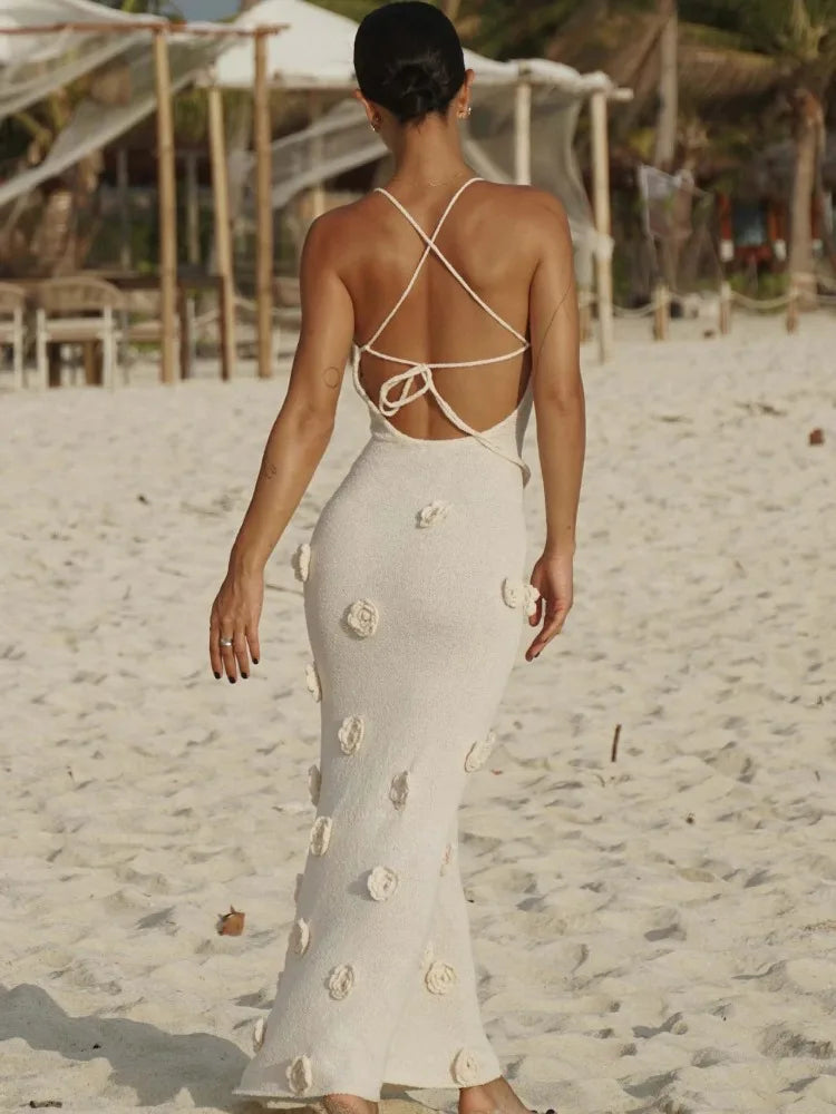 Halter Neck Flower Patchwork Lace-Up Maxi Dress