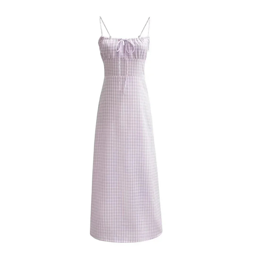Spaghetti Strap Plaid Pink Midi Dress