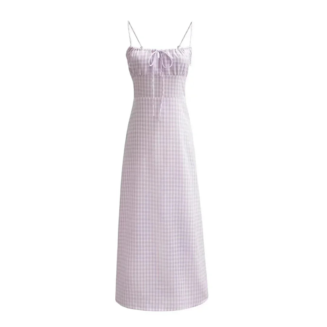 Spaghetti Strap Plaid Pink Midi Dress