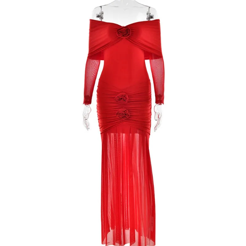 3D Flower Mesh Long Sleeve Fishtail Maxi Dress