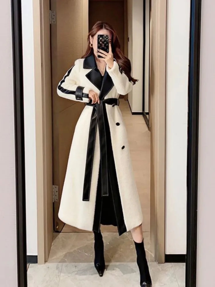 Contrast Patchwork Overcoat with Belt Party Dress