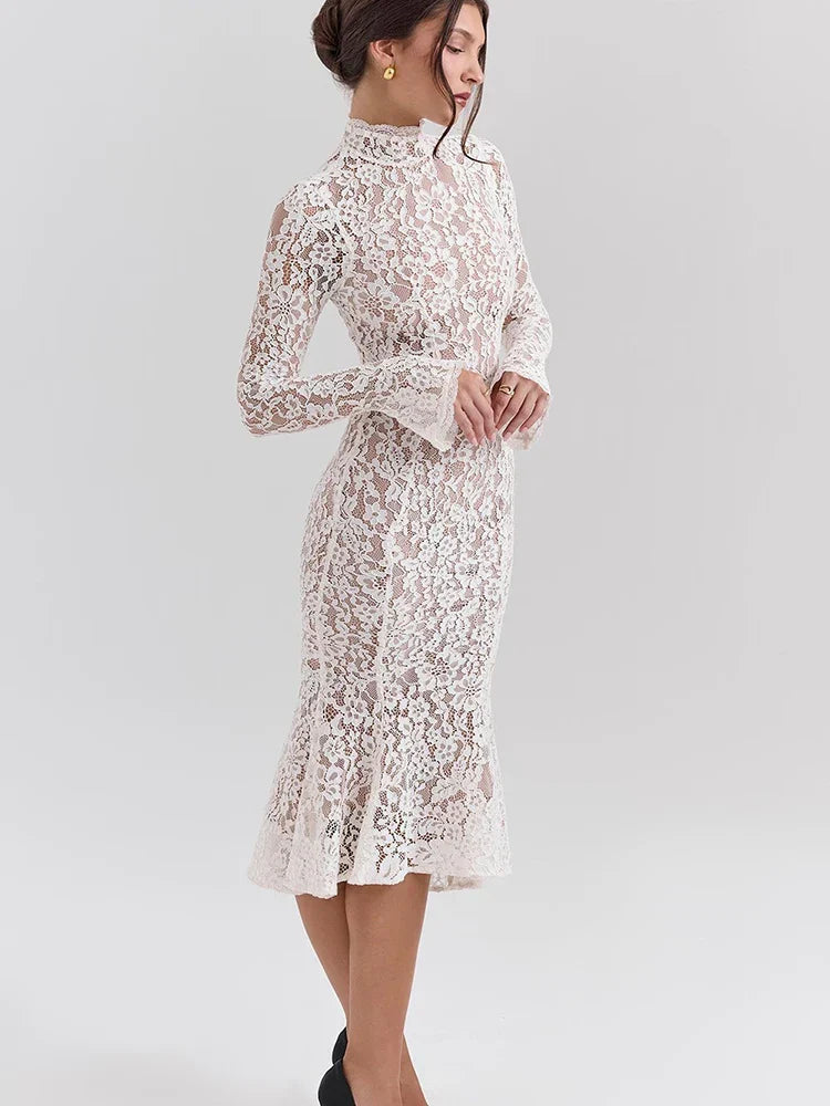 Lace White Long Sleeve Turtleneck Party Dress