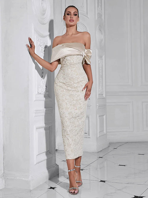 Slash Neck Embossed Flower Beige Party Dress