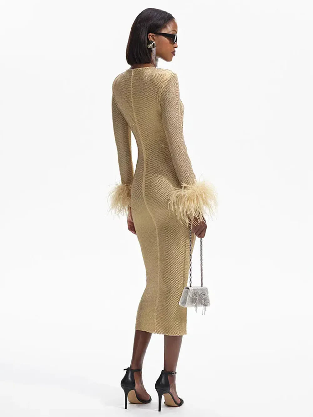 Long Sleeve Feather Rhinestone Midi Dress