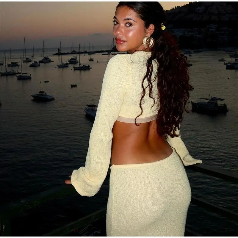 Knitted Hollow O Neck Slit Maxi Dress