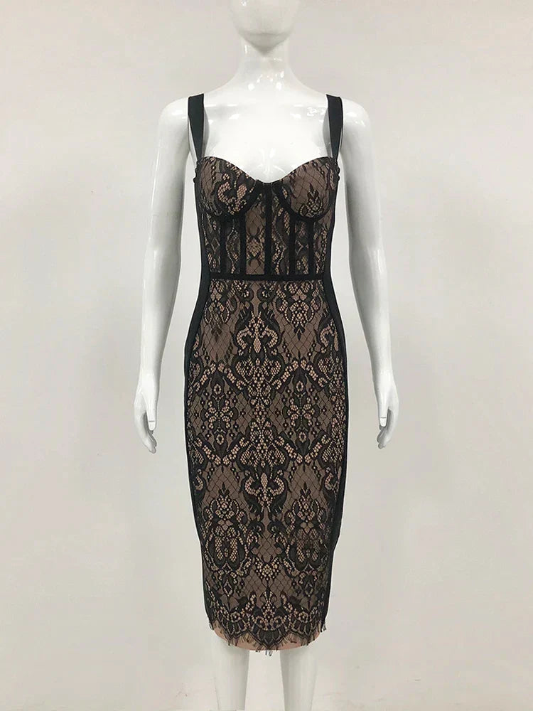 Black Lace Patchwork Elegant Midi Dress