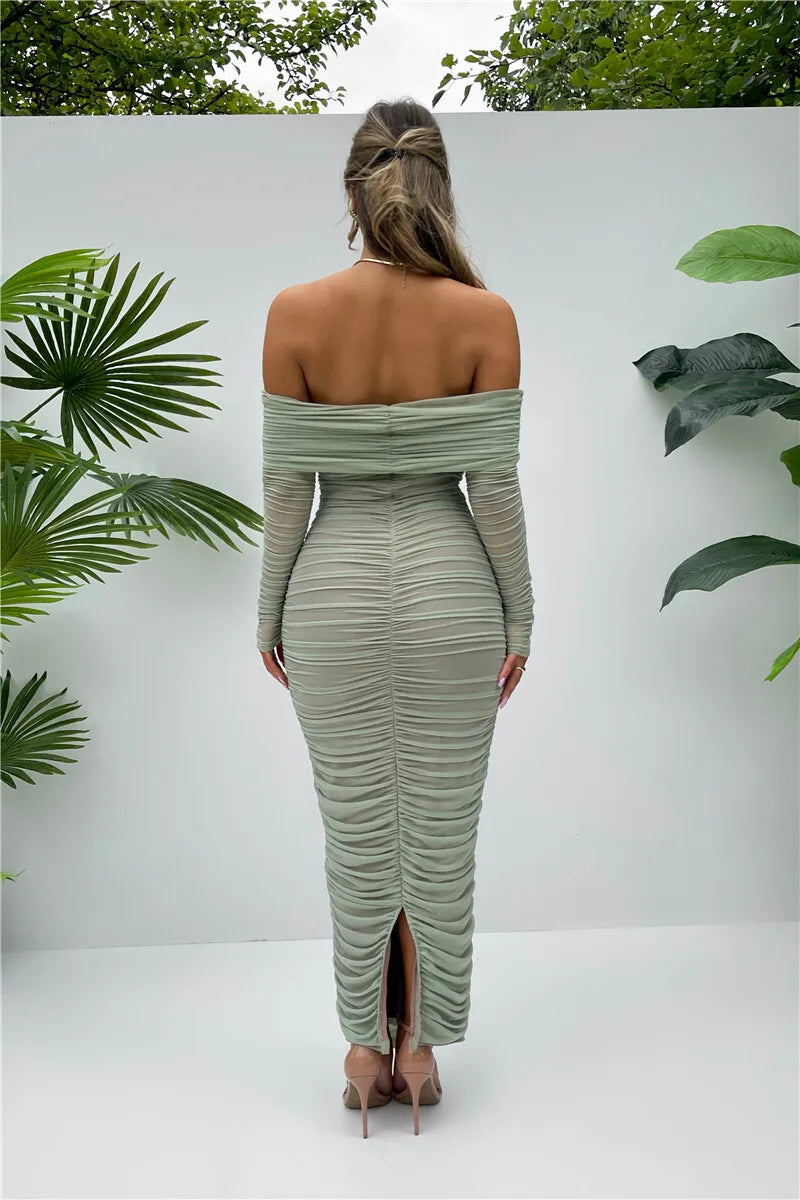 Off Shoulder Slash Neck Solid Maxi Dress