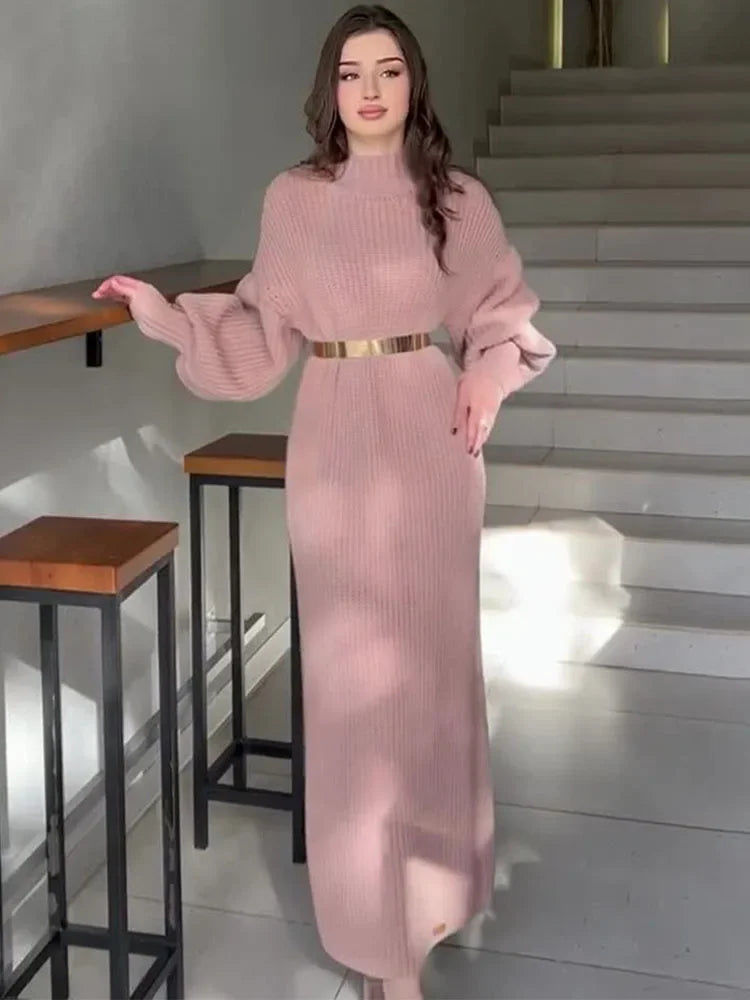 Turtleneck Pullover Belted Solid Party Dress