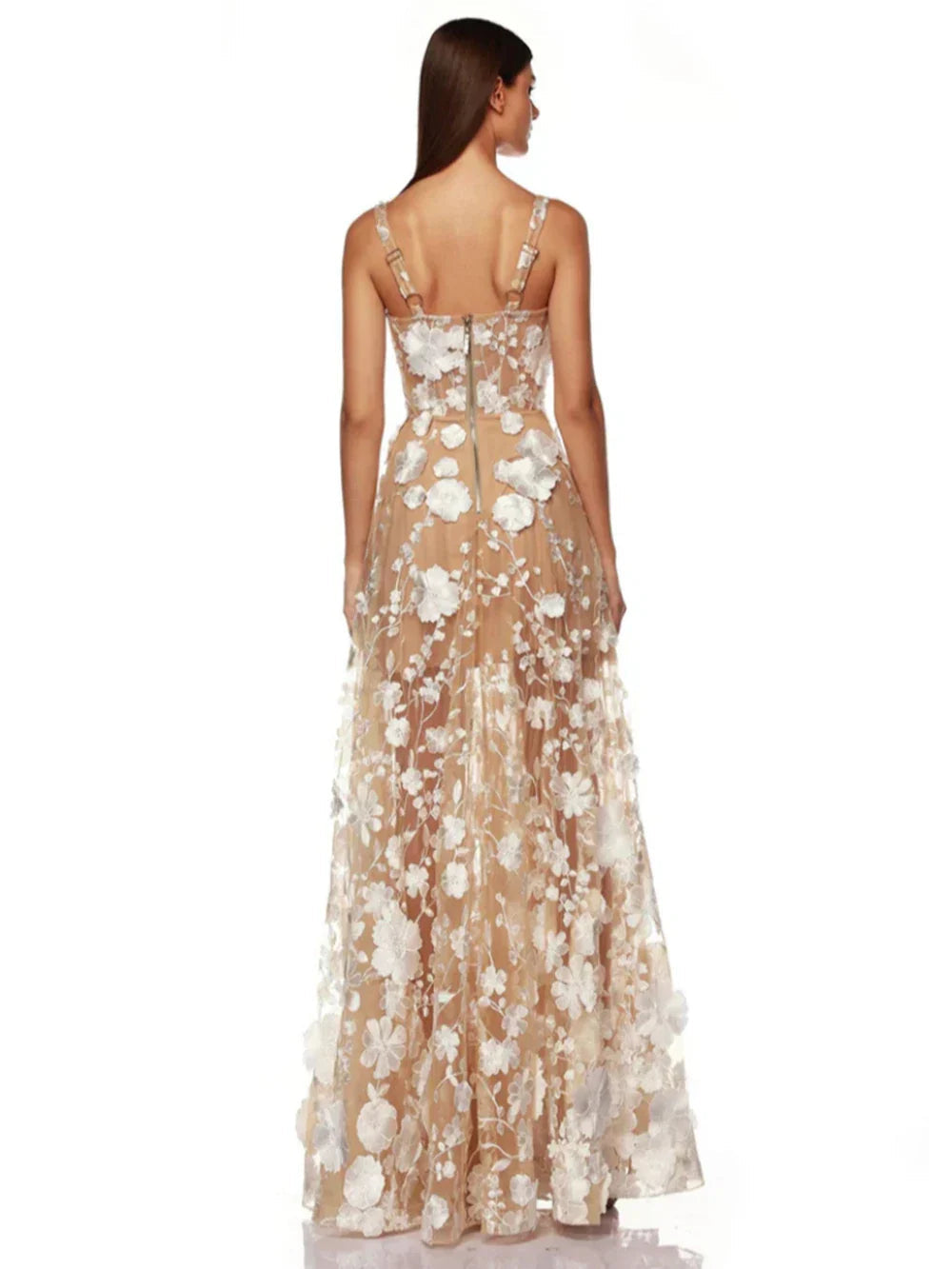 Floral Embroidered Mesh Maxi Party Dress