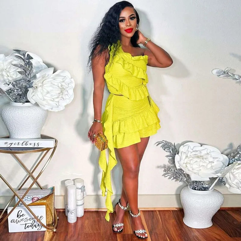 Ruffled Ribbon One Shoulder Crop Mini Dress