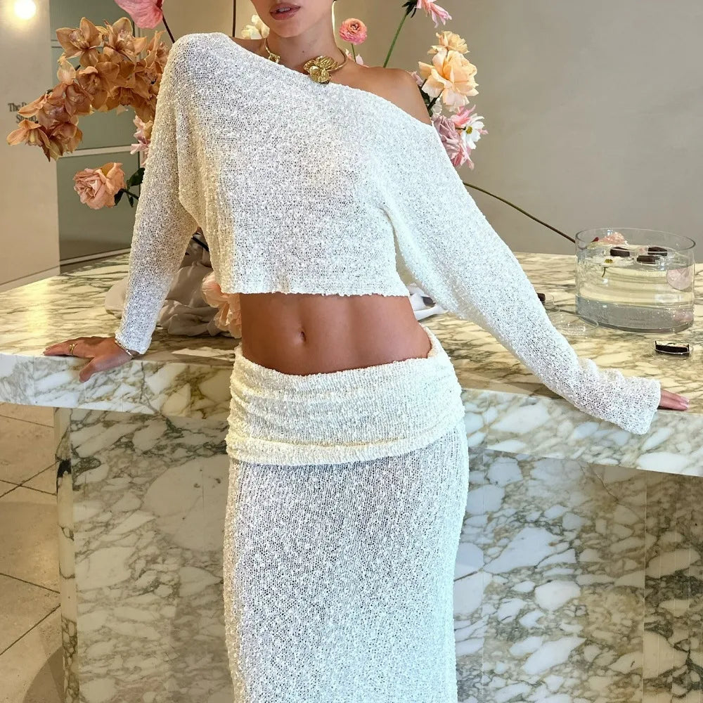 Knit Long Sleeve Top and Maxi Skirt Set