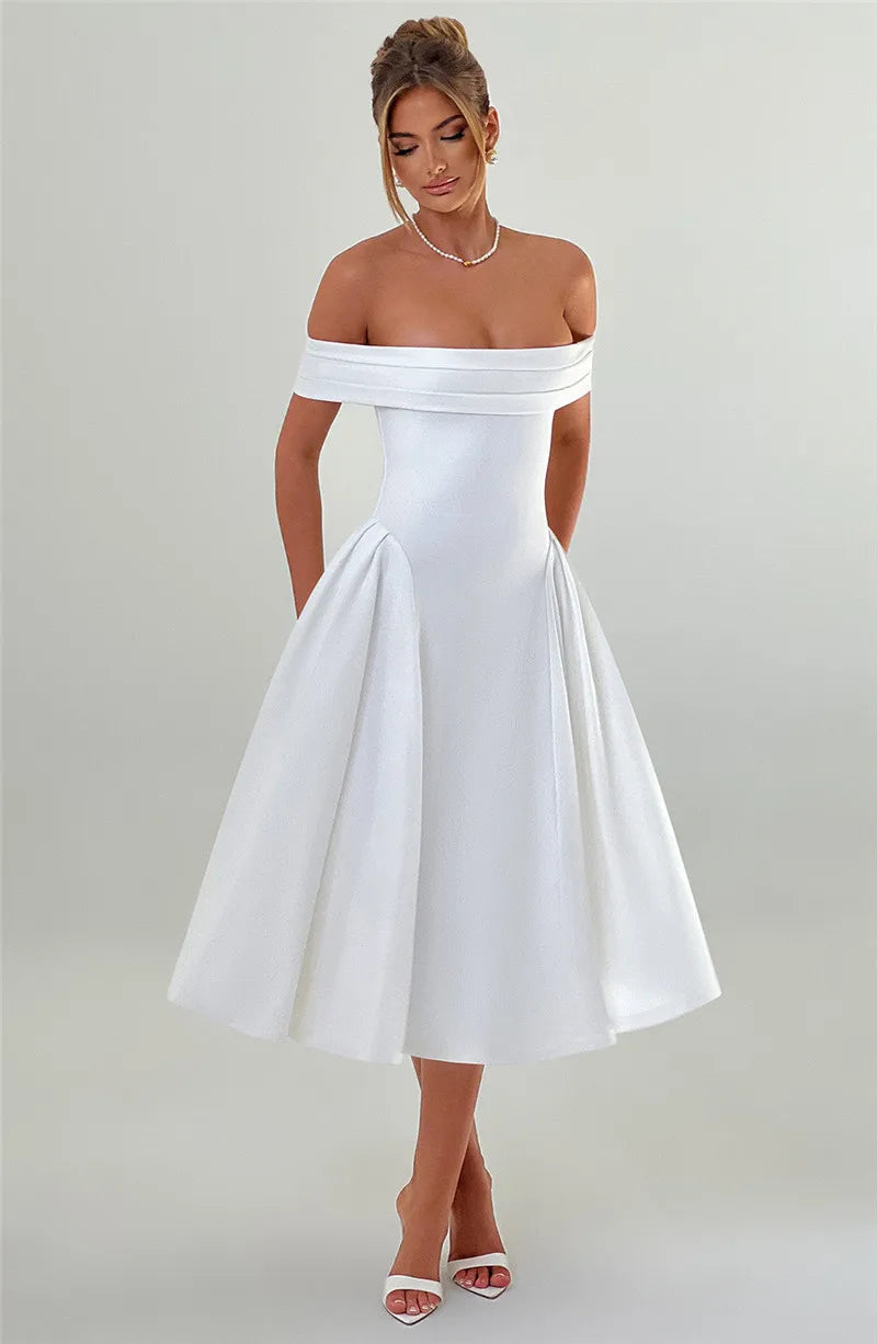 Off Shoulder Flared Elegant Midi Dress