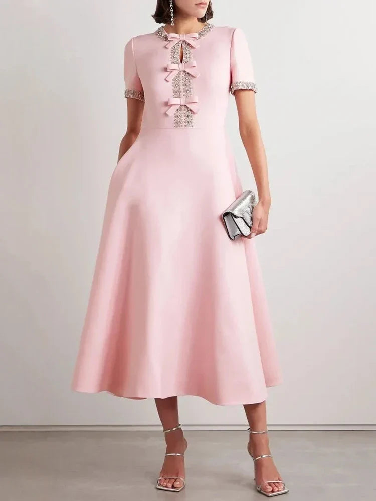 Diamond Bowknot Short Sleeve Midi Dress