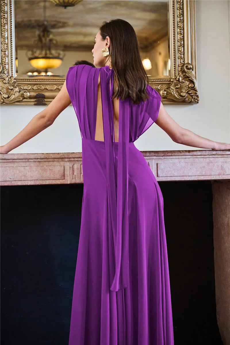 Deep V Purple High Slit Maxi Dress