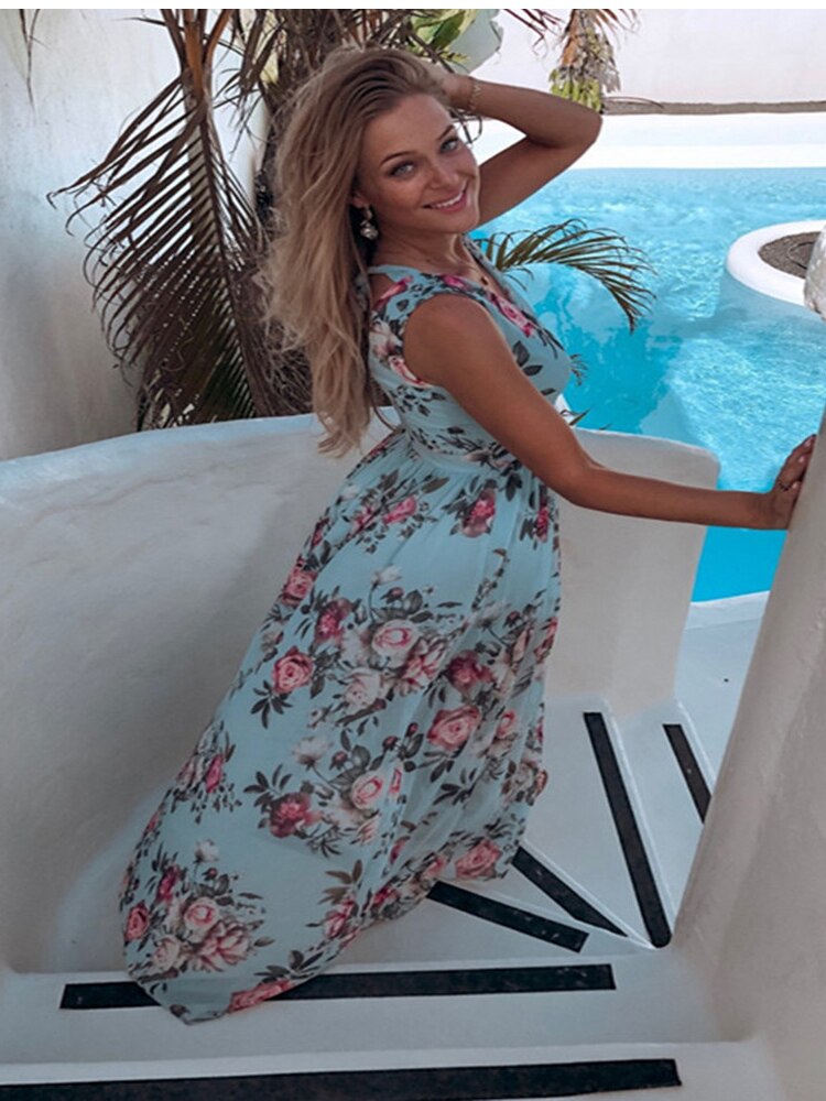Chiffon Printed V-Neck Sleeveless Maxi Dress