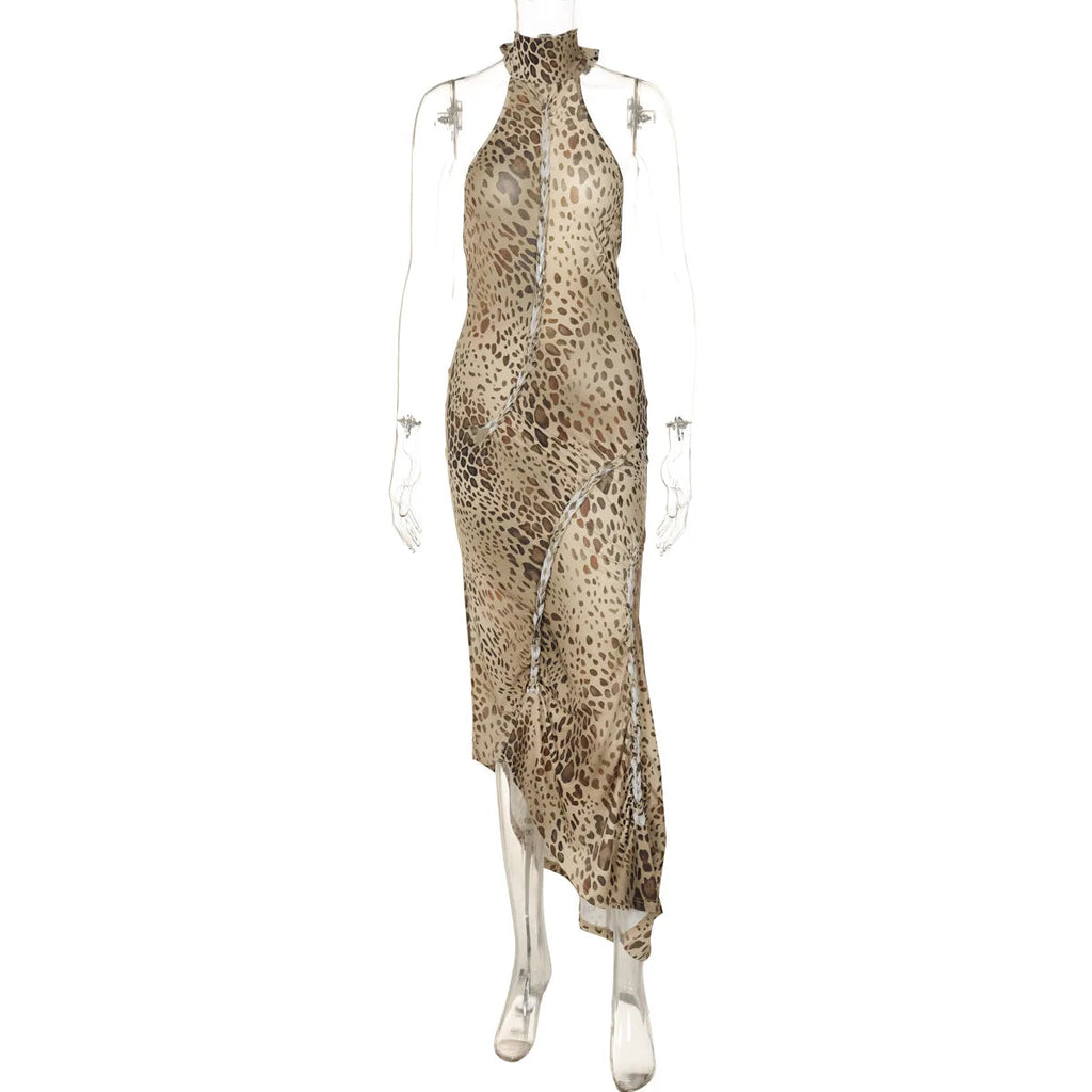 Halter Leopard Embellished Long Party Dress