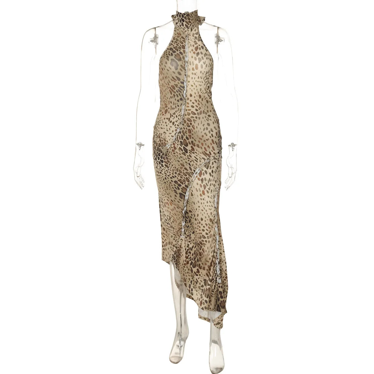 Halter Leopard Embellished Long Party Dress
