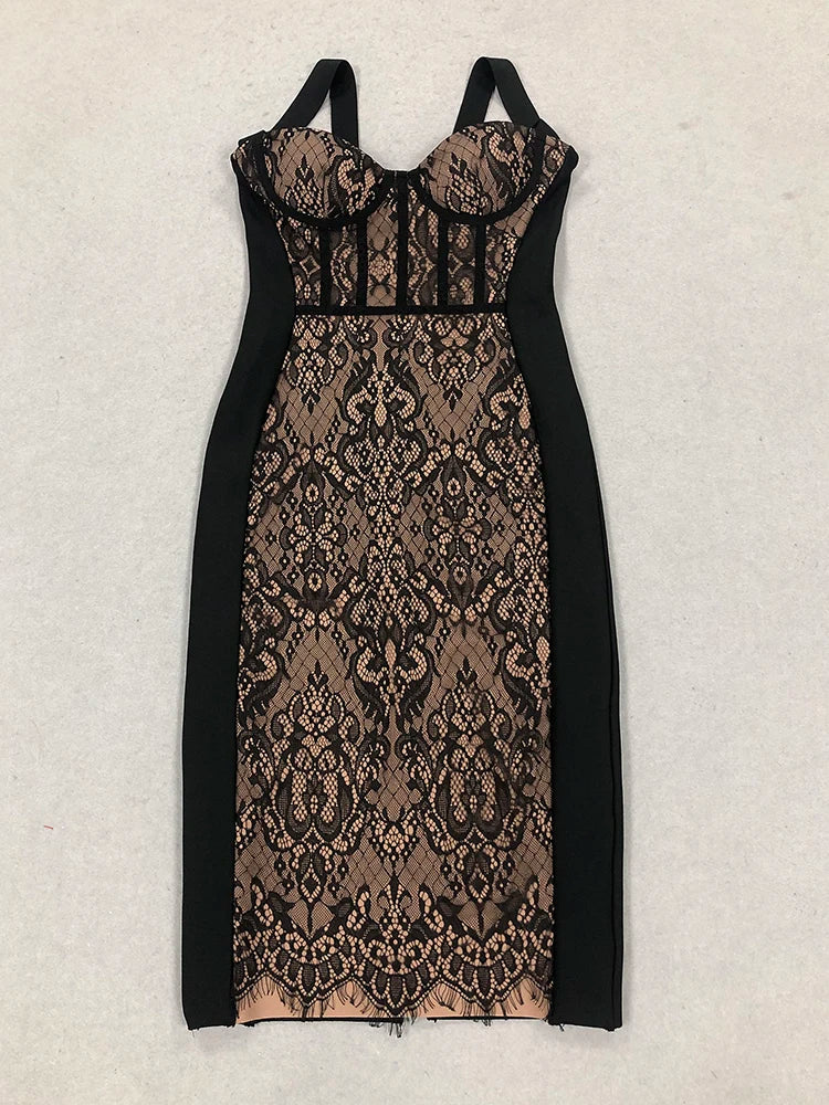 Black Lace Patchwork Elegant Midi Dress