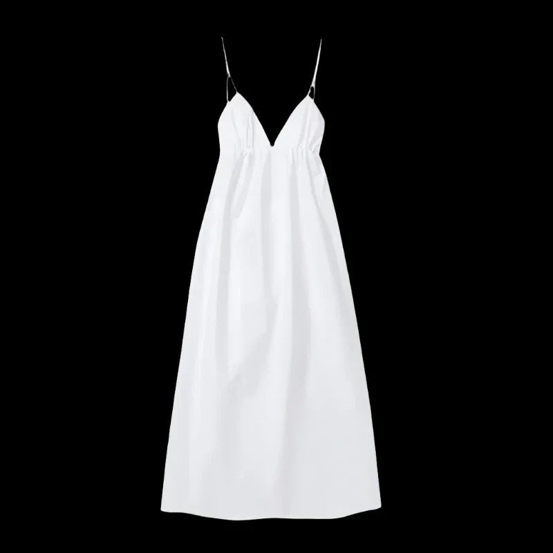 Backless V Neck Easy Fit Midi Dress