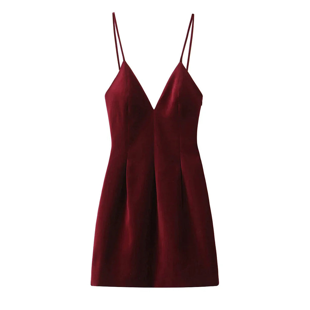 Red Velvet Spaghetti Strap Mini Party Dress